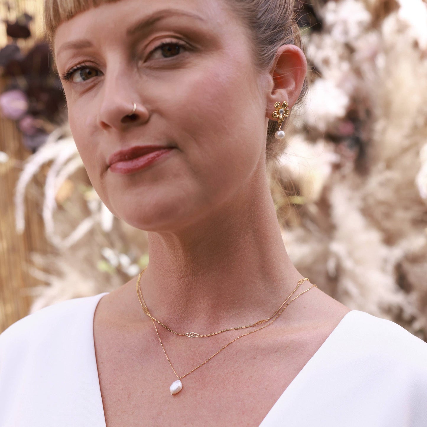 Vintage Flower with Pearl Stud Earrings