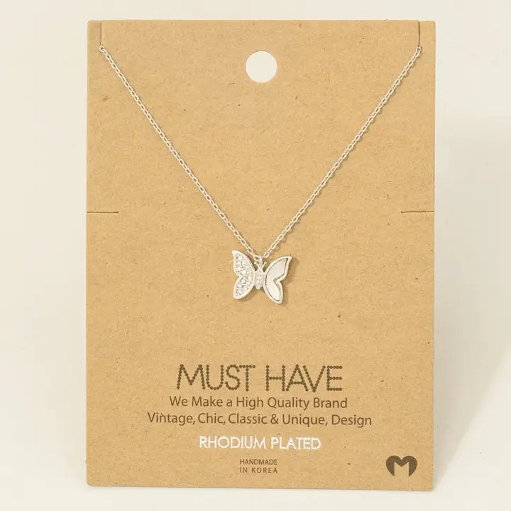 Gold Dipped Shell and Cz Pave Butterfly Pendant Necklace