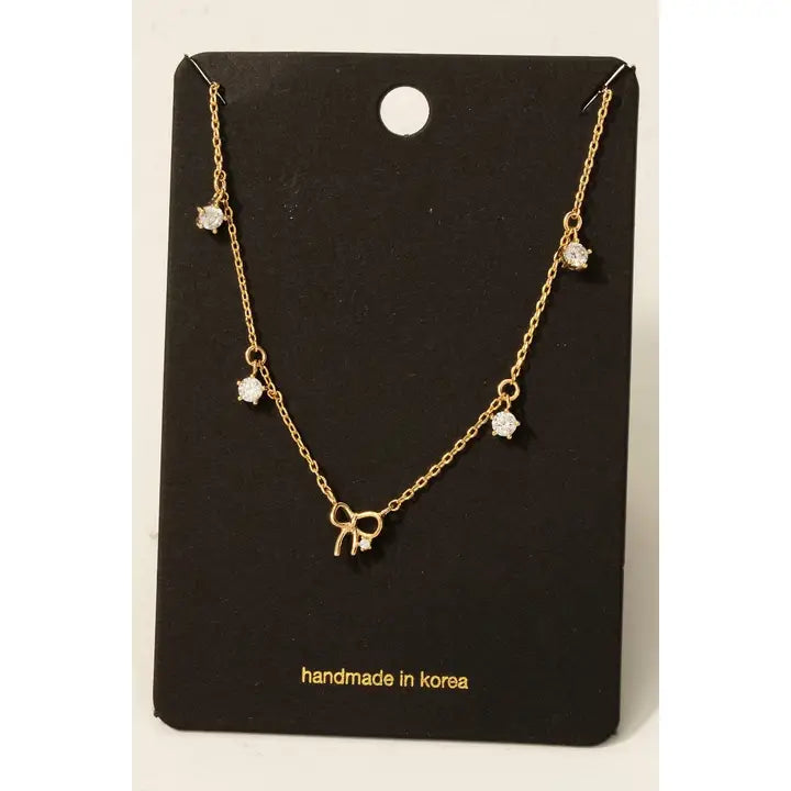 Gold Dipped Cz and Bow Station Charms Chain Necklace