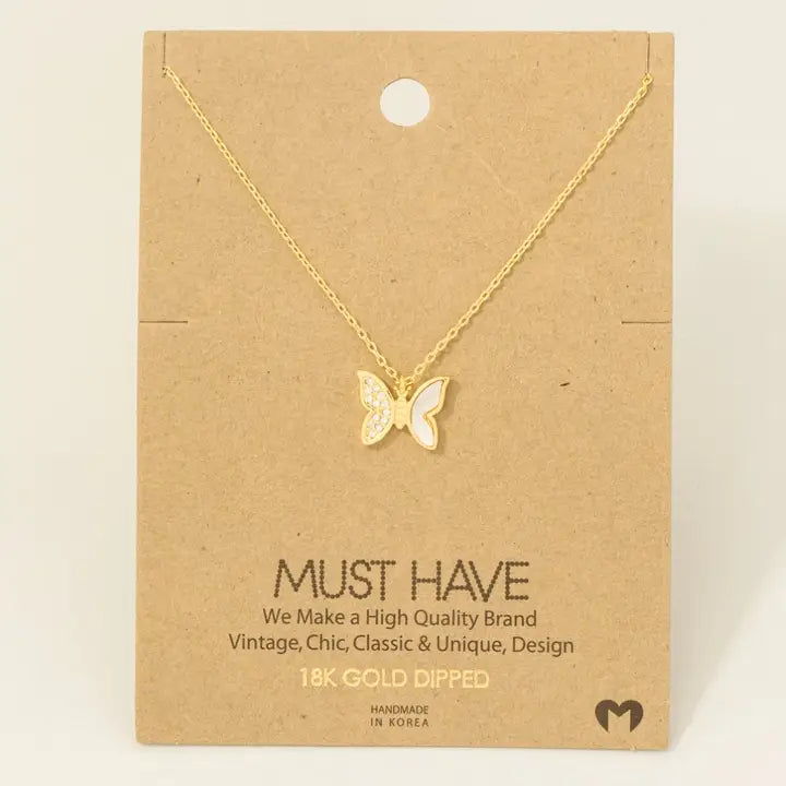 Gold Dipped Shell and Cz Pave Butterfly Pendant Necklace