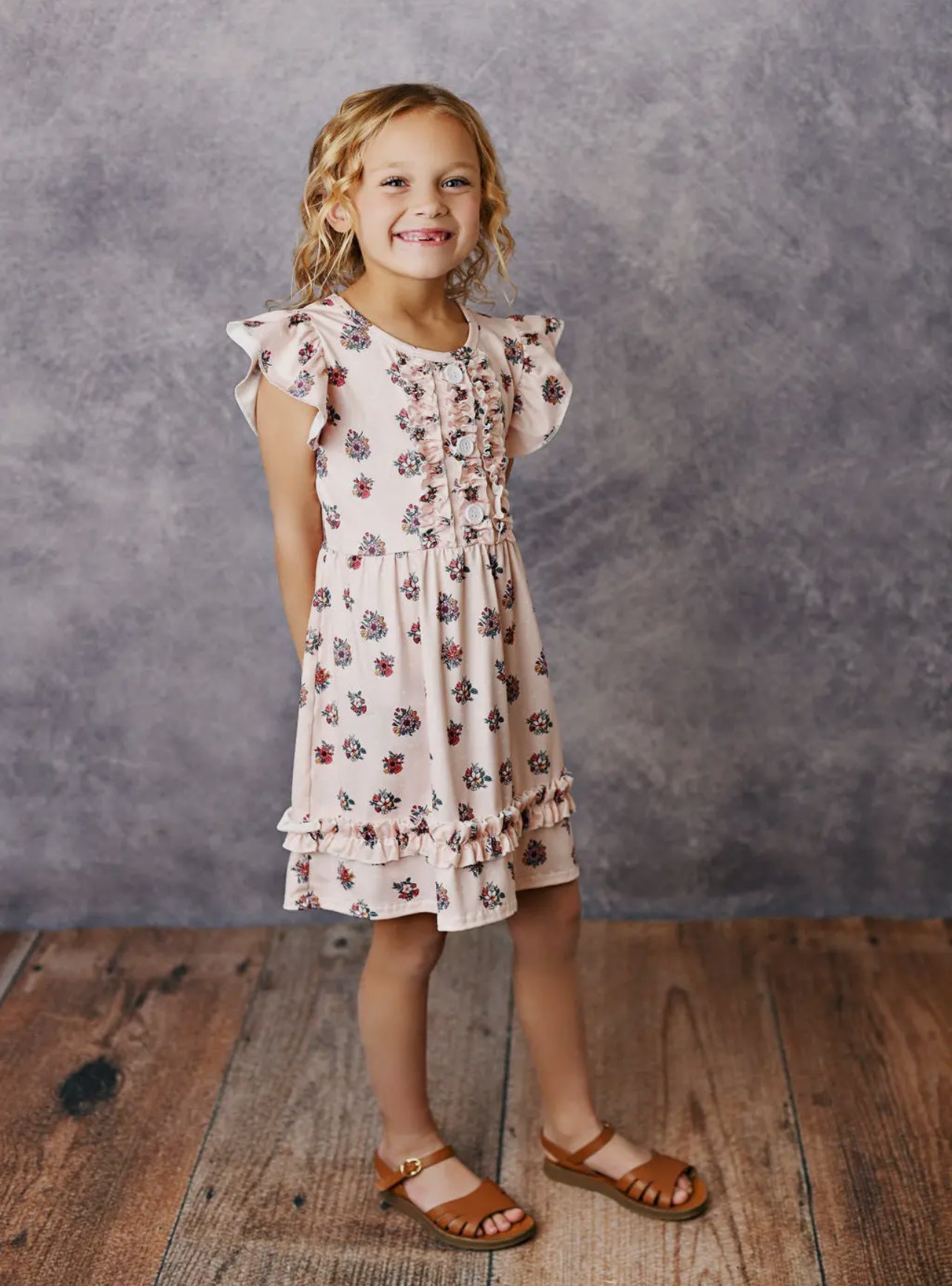 Kids Pink Botanical Ruffle Dress