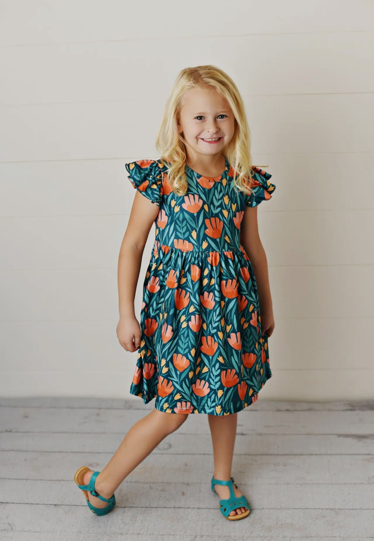 Kids Teal Floral Dress