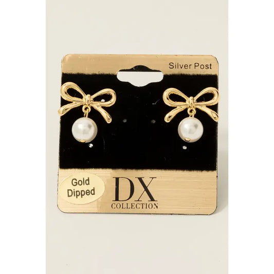 Gold Dipped Pearl and Bow Stud Drop Earrings