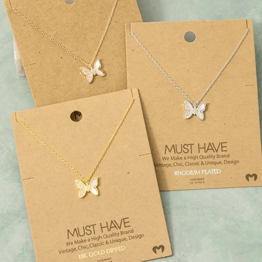 Gold Dipped Shell and Cz Pave Butterfly Pendant Necklace