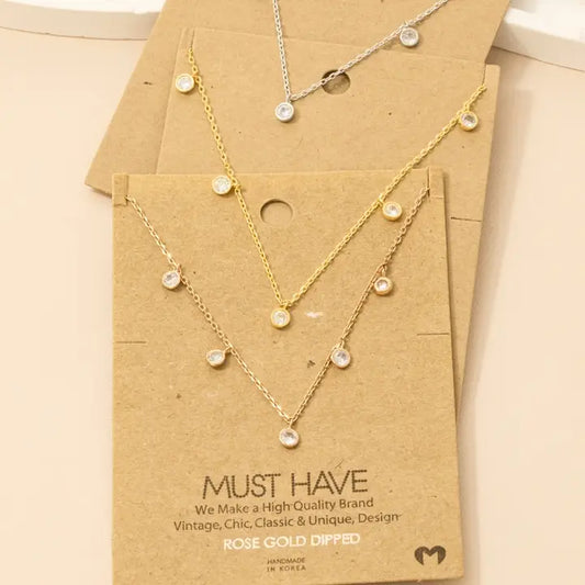 Gold Dipped Rhinestone Drop Station Necklace