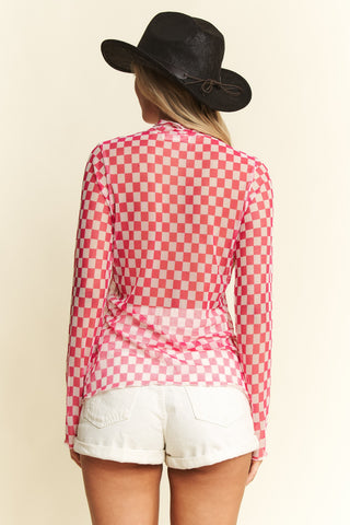 Checkerboard Mesh Long Sleeve Top