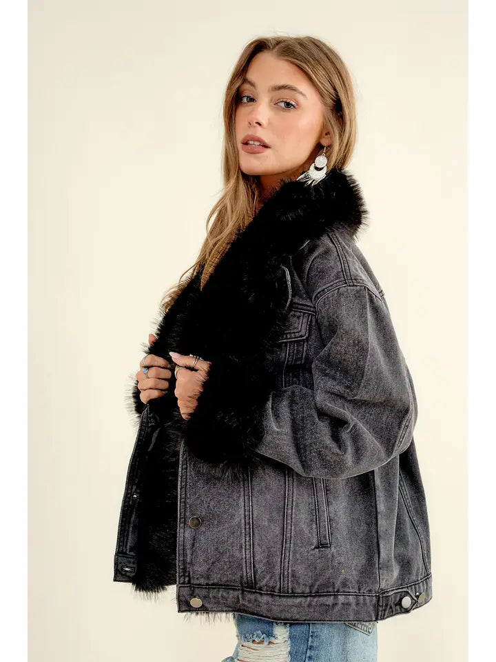 Fur Collard Cuff Over Sized Denim Jacket