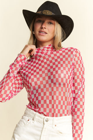Checkerboard Mesh Long Sleeve Top
