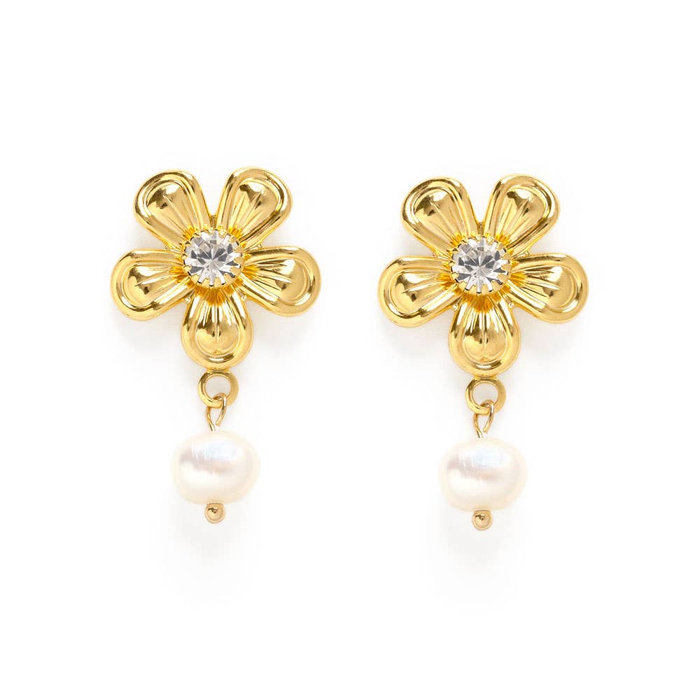 Vintage Flower with Pearl Stud Earrings