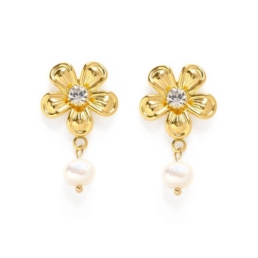 Vintage Flower with Pearl Stud Earrings