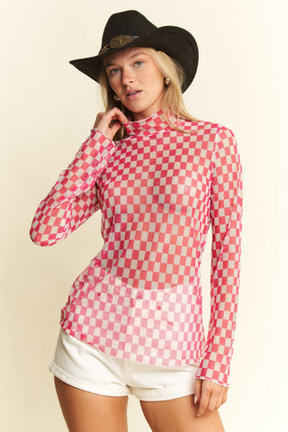 Checkerboard Mesh Long Sleeve Top