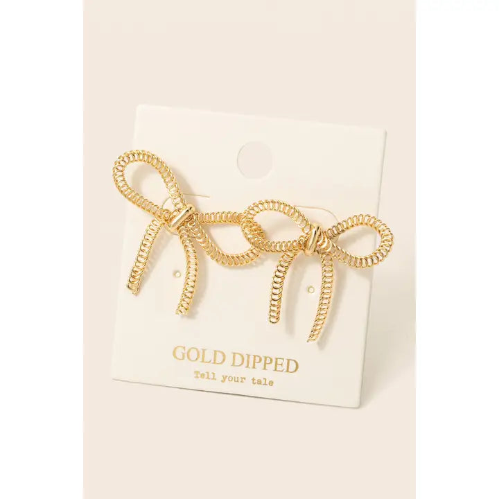 Gold Dipped Chain Ribbon Bow Stud Earrings