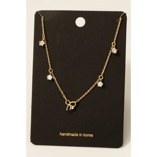 Gold Dipped Cz and Bow Station Charms Chain Necklace