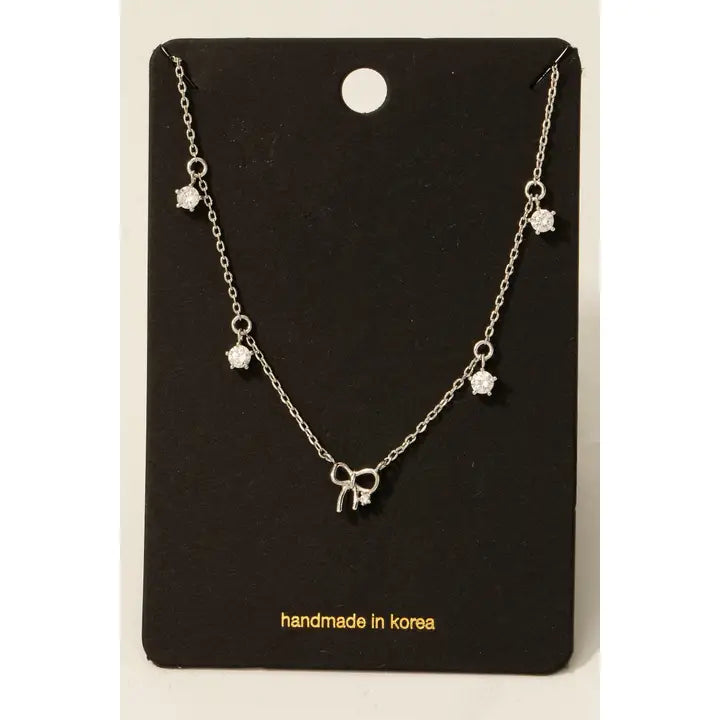 Gold Dipped Cz and Bow Station Charms Chain Necklace